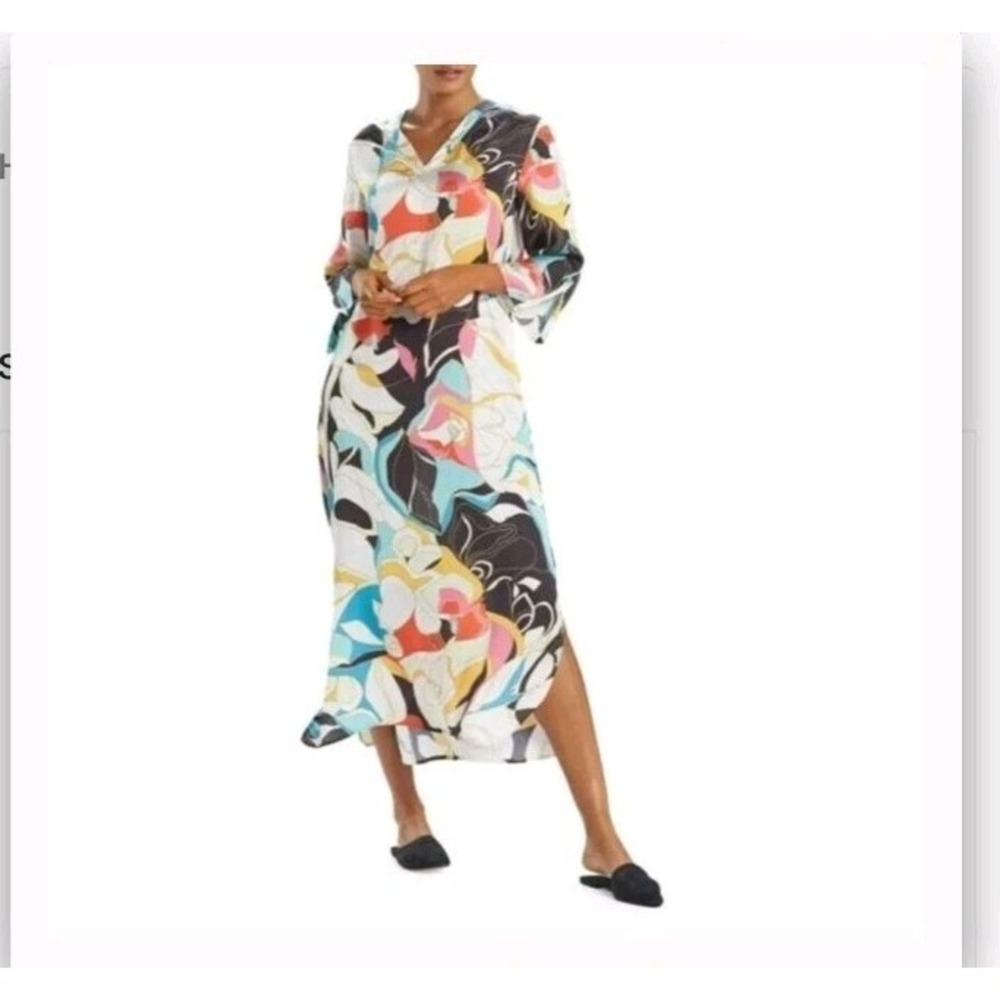 Natori Women's Large Floral Satin Caftan Sleepwear Muumuu Luxury Intimate Cozy